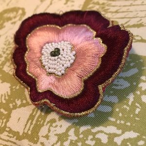 Embroidered gold thread and seed bead brooch